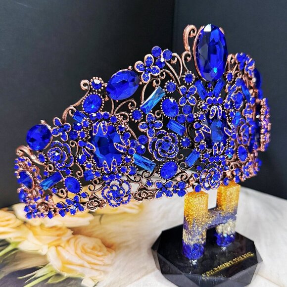 Vintage Handmade Crown, Sapphire Crystal Crown, Victorian Tiara, Copper Crown main image 7